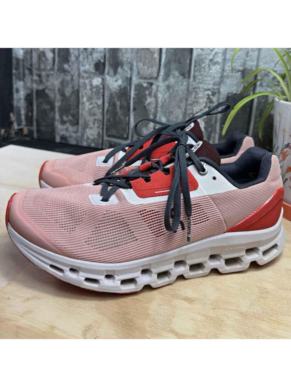 On Men's Pink/Red/White/Black Low Top Lace-Up Mesh Sneaker Rubber Outsole